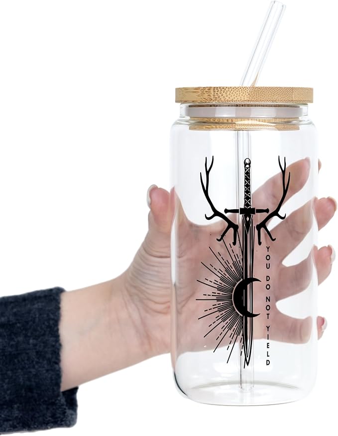 Sip-Sip Hooray! Throne of Glass 16oz Glass Tumbler with Bamboo Lid and Straw, Bookish Coffee Cup for Fantasy Readers, Sarah J Maas Fan Gift, Book Lover Mug, ACOTAR Night Court Inspired Drinkware