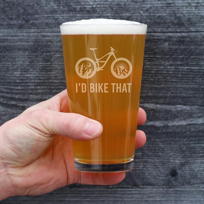 Bevvee I'd Bike That - Pint Glass for Beer - Cool Bicycle Themed Decor and Gifts for Mountain Bikers - 16 oz Glasses