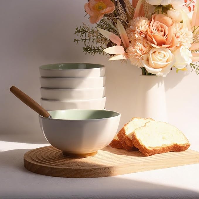 6-Piece Pasta Bowls 24 oz, Green Porcelain 6 inch, Microwave Oven Dishwasher Safe Scratch Resistant