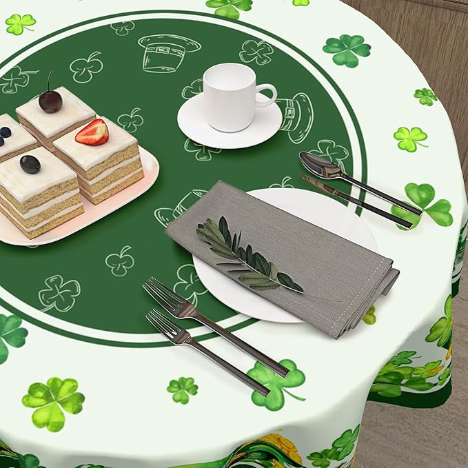 St Patricks Day Round Tablecloth 60 Inch Green St Patrick's Day Shamrocks Gnome Truck Table Cloth Spring Holiday Table Cover for Party Kitchen Dinner Home Decor