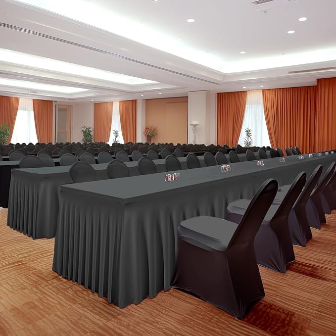 6 Packs Black Spandex Table Covers 6 Foot, Fitted Stretch Table Cloth with Skirts 72x30 Inch, Wrinkle-Free Floor Length Rectangle Tablecloths for Trade Show Weddings Parties Banquets Events