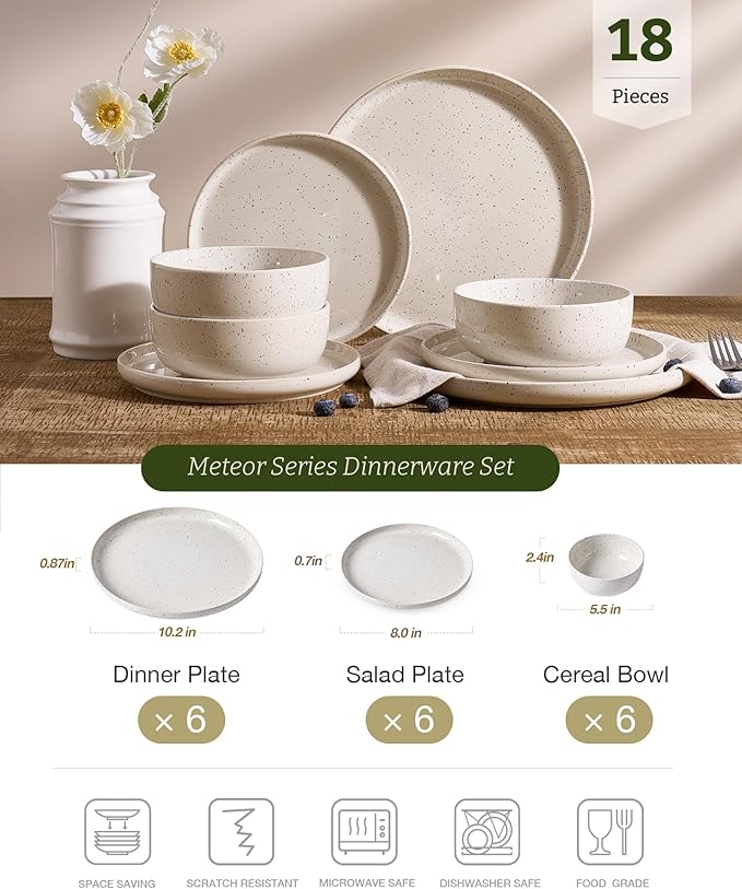 Famiware Meteor Plates and Bowls Sets, 18-Piece Stoneware Dinnerware Sets, Dishes Set for 6, Microwave and Dishwasher Safe Tableware, Creamy White