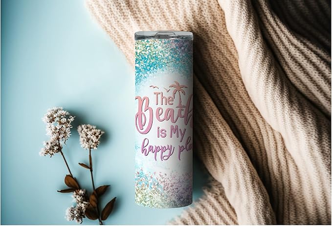 MRC Wood Products 20oz Skinny Tumbler The Beach Is My Happy Place - Stainless Steel Double Wall Insulated Cup With Lid And Straw