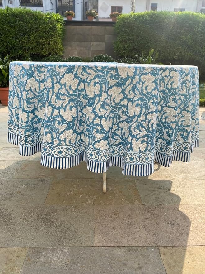 Ridhi Block Print Round Turkish Magic Blue Reusable Tablecloth 100% Cotton 60" Inch Decorative Table Cover eveyday Dining, Home, Party, Wedding, Farmhouse Gift for Spring, Easter, Valentine
