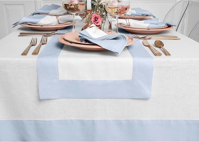 Solino Home Linen Tablecloth 60 x 120 Inch - 100% Pure Linen Light Blue and White Tablecloth for Rectangle Tables - Contempo, Machine Washable Table Cloth for Winter, Spring, Easter