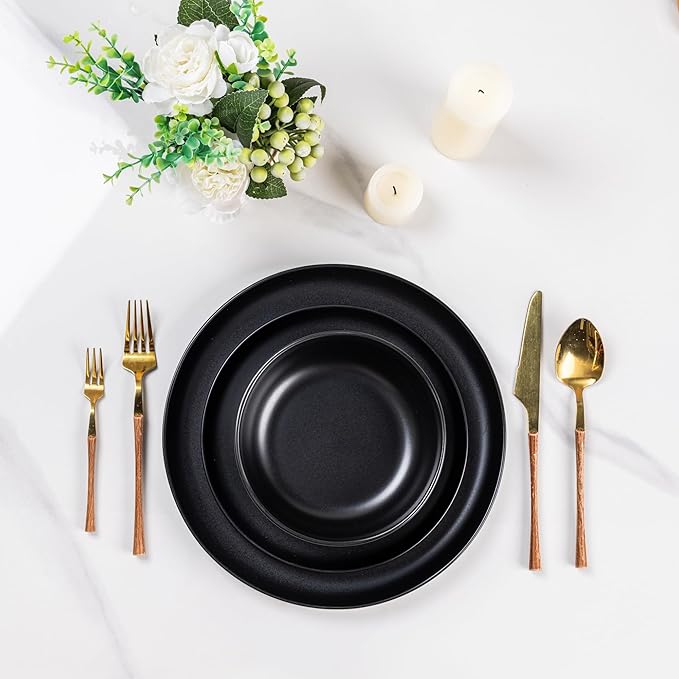 AmorArc Ceramic Dinnerware Sets, Wavy Rim Stoneware Plates and Bowls Sets,Dishwasher & Microwave & Oven Safe Dishes set, Service for 6 (18pc)-Matte Black