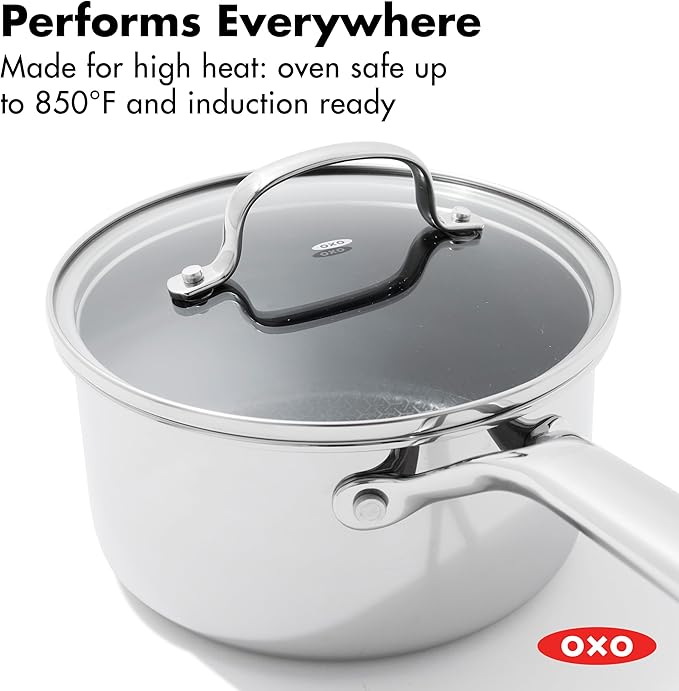 OXO Hybrid 2.5QT Nonstick Saucepan with Glass Lid, PFAS-Free Ceramic Chef Pot, Oven Safe to 850F, Induction & All Cooktop Compatible, Dishwasher Safe, Mirror Polished Tri-Ply