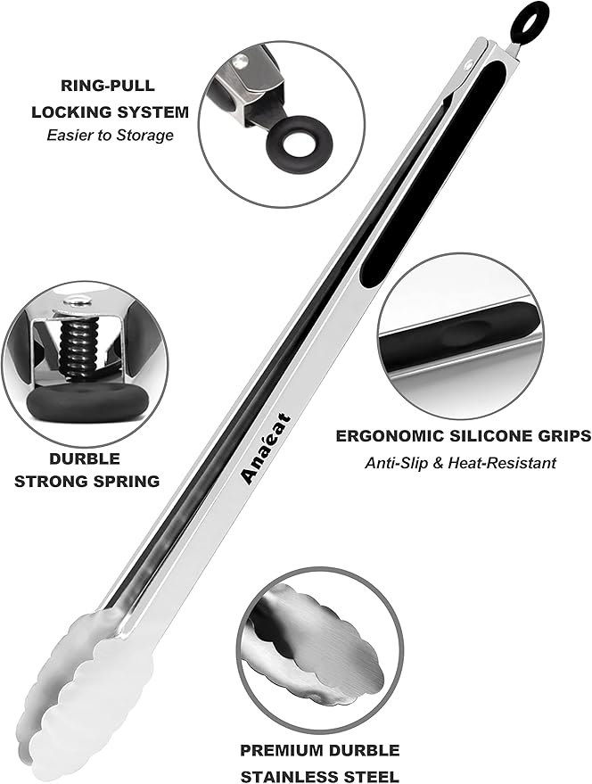 Anaeat Extra Long Stainless Steel Grilling Locking Tong, 17" Sturdy Coiled Spring Kitchen Food Tong with Non-Slip Silicone Grip for BBQ, Baking, Cooking - Heat Resistant up to 480°F (Black)