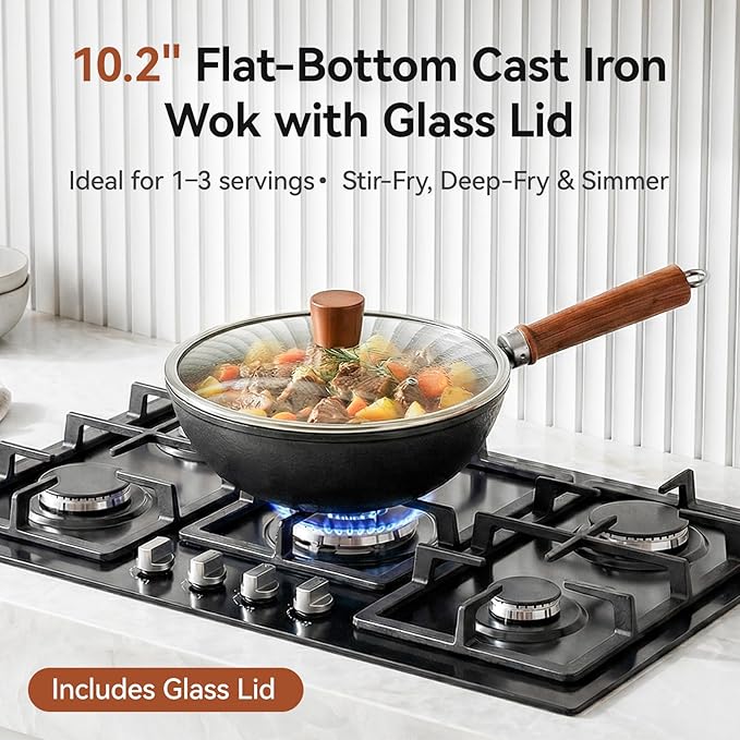 10.2 Inch Cast Iron Wok with Glass Lid, Pre-Seasoned Flat Bottom Wok for Stir-Fry & Saute, Uncoated Iron Wok Pan for Electric, Gas & Induction Cooktops