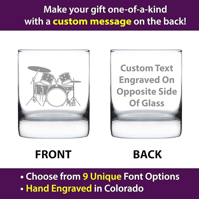 Custom Drums - Personalized Whiskey Rocks Glass - Drumming Gifts for Drummers - 10.25 oz Glasses