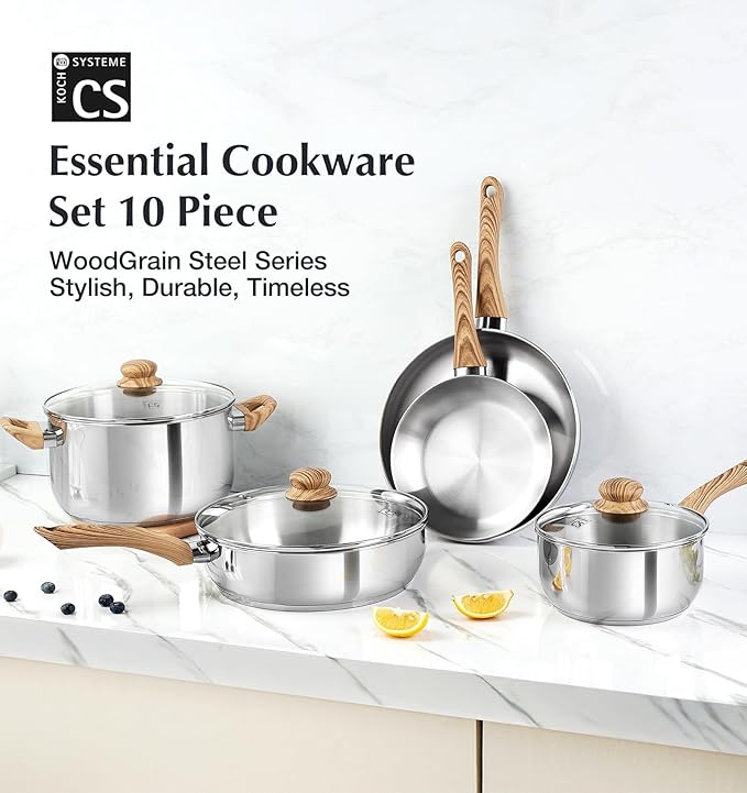 KOCH SYSTEME CS Stainless Steel Coowkare Set 10PCS, Professional 18/10 Stainless Steel Pots and Pans Set with Cool-Touch Handles, Tri-ply Base, Kitchen Cookware Sets, Cooking Set Induction Compatible