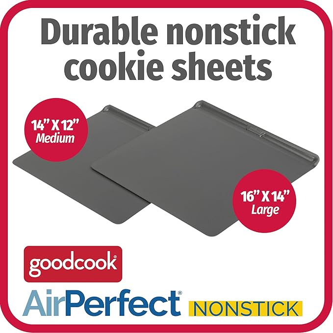 GoodCook AirPerfect Nonstick Steel Insulated Cookie Sheets, Assorted Size No-Burn Baking Sheets with Large Handles, Set of 2, Gray