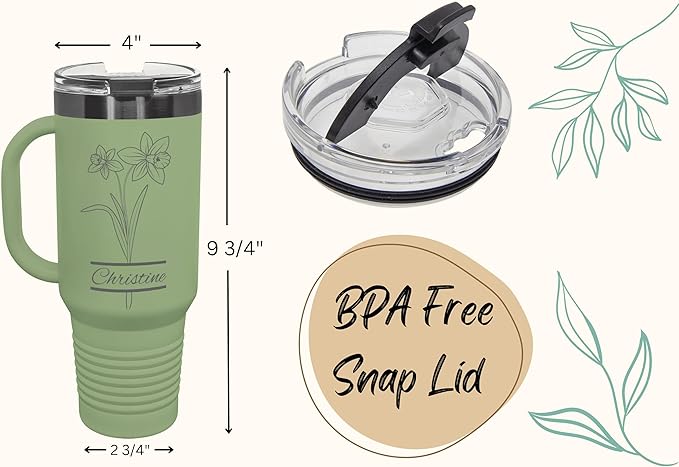 Perzonalized 40 oz Tumbler with Handle, Birth Flower Engraving – Fits Most Cup Holders, Dishwasher Safe, BPA-Free Lid & Straw – Powder-Coated Stainless Steel – Personalized Gift for Her