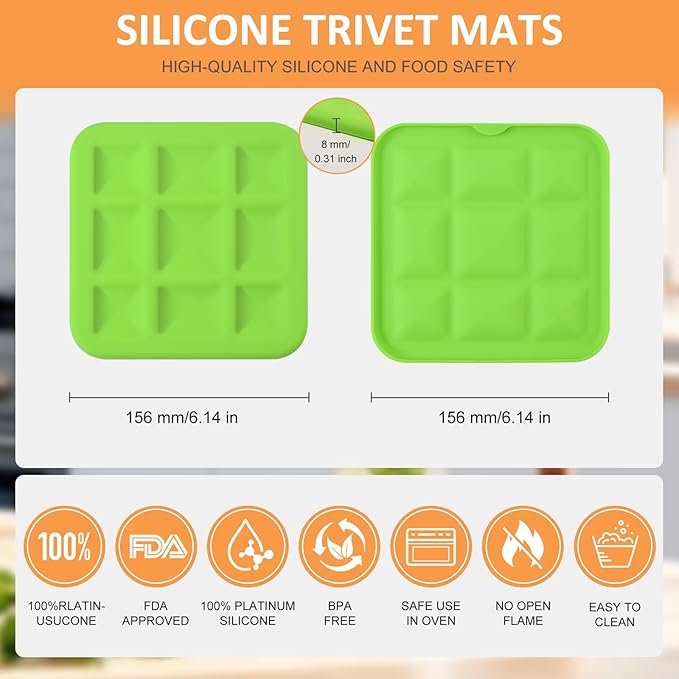 Silicone Trivets for Hot Pots and Pans, Pot Holders Hot Pads 6 Pack Silicone Mats for Kitchen Counter, Soft Durable Drying Mat, Jar Opener and Coasters (Green)