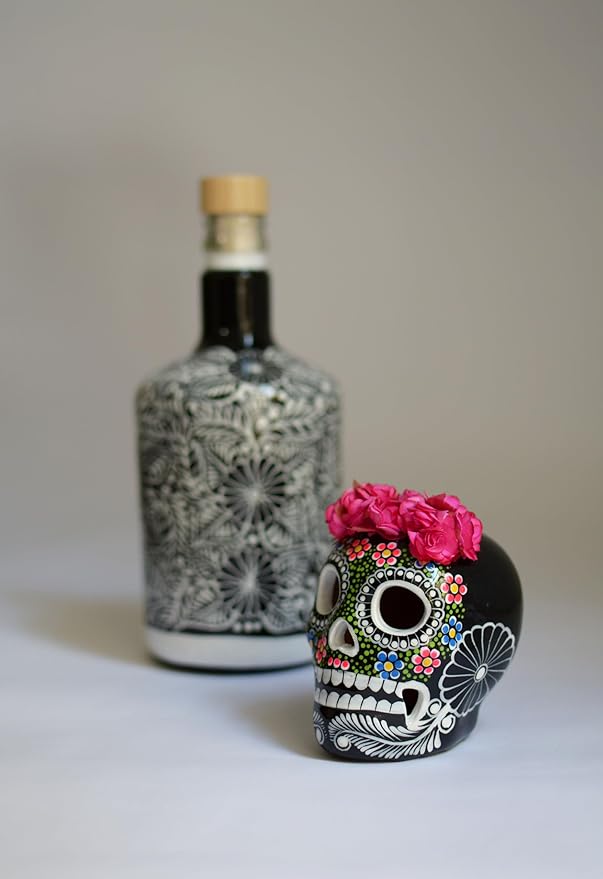 Tequila Decanter Set, Liquor Decanter with Shot Glasses and Mexican Sombrero, Hand-painted Decanter, Skull Decanter, Bar Decoration, Unique Tequila Gift, Gift For Dad (Black Catrina Set)