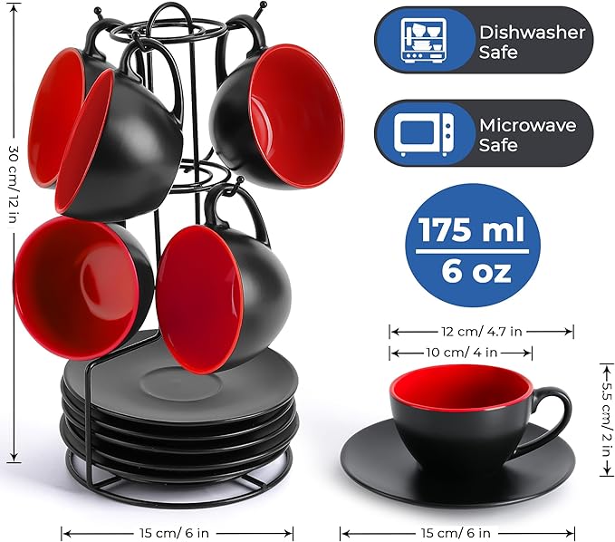MIAMIO - Set of 6, Ceramic Stackable Cappuccino Cups Set / 6 Ounce Cappuccino Mugs and Saucer with Metal Stand for Coffee Drinks, Cafe, Latte, Americano and Tea - Le Papillon Collection (Red)