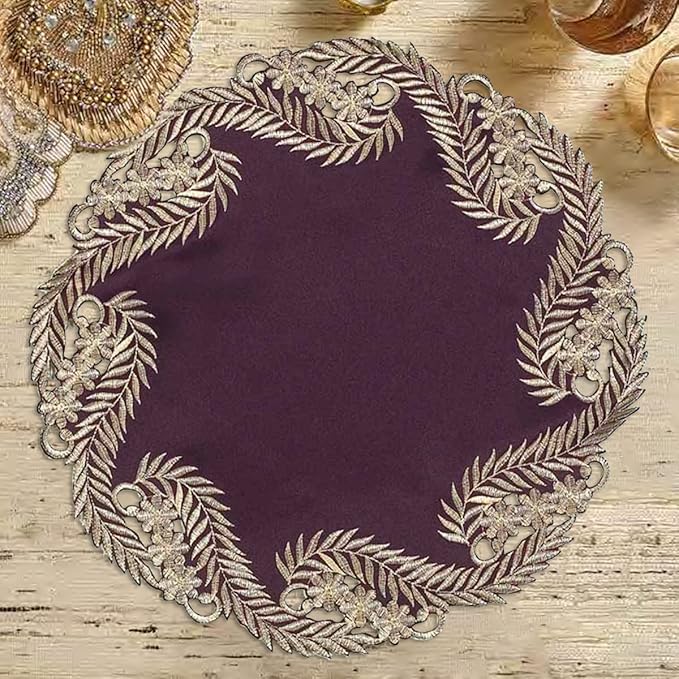 Decozen Set of 4 Doilies for Table, Lace Doilies - Rustic, Crochet, Farmhouse, Kitchen, Dining Table Centerpiece Decor - Round Christmas Placemats for Home 15 inch Gold Plum, The Anyce Collection