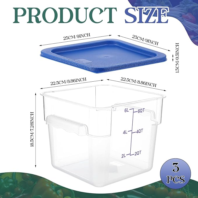3 Sets 6 Qt Square Food Storage Containers with Lids Dough Proofing Bucket Commercial Polycarbonate Containers with Scale Clear Airtight Cereal for Pantry Home Restaurant (Blue)