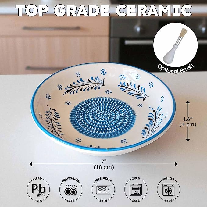 Ceramic Grater Bowl, Garlice Grater Plate, Handmade Ginger Grater, Mincer Bowl for Cheese &Vegetables, Ceramic Decorative Mincer, Hand Dish for Garlic (Blue Florals)