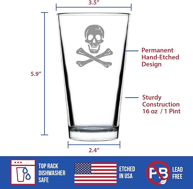 Custom Skull and Crossbones Pint Glass for Beer - Skull Decor and Jolly Roger Flag Gifts - 16 Oz Glasses