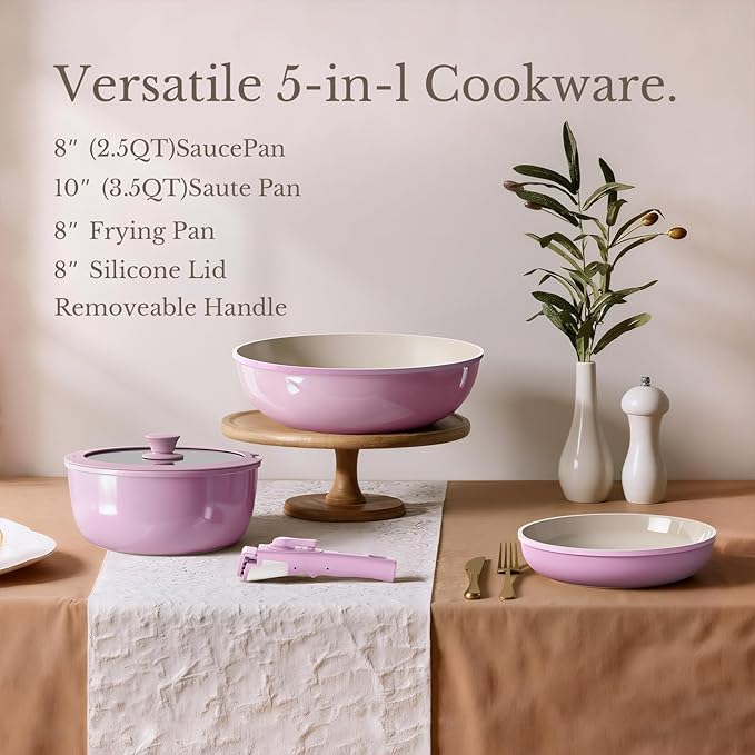 Pots and Pans Set Non Stick, Ceramic Cookware Set Detachable Handle, RV Camping Kitchen Cooking Set Removable Handles, Dishwasher/Oven/Fridge Safe, Induction, Space Saving，PINK