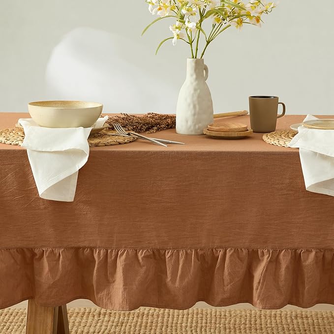 MONDAY MOOSE Ruffle Farmhouse Rustic Rectangle Natural Stonewashed Cotton Tablecloth for Kitchen, Dining Room, Restaurant (60x120 inch, Cinnamon)