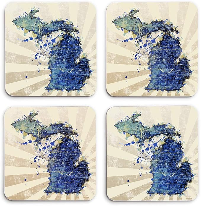 Michigan Splatter Graphic Hardboard Masonite Drink Coasters (Set of Four)