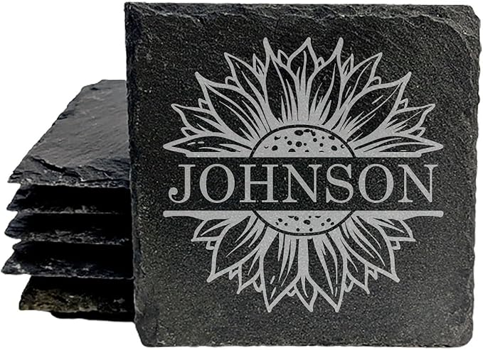Personalized Monogram Family Coasters, Natural Stone Set, Birthday, Wedding, Customized, Rustic - Square Slate - Set of 4