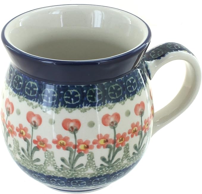 Blue Rose Polish Pottery - Orange Peach Posy Bubble Mug - 16 oz - Unique Shape Mug for Coffee & Tea