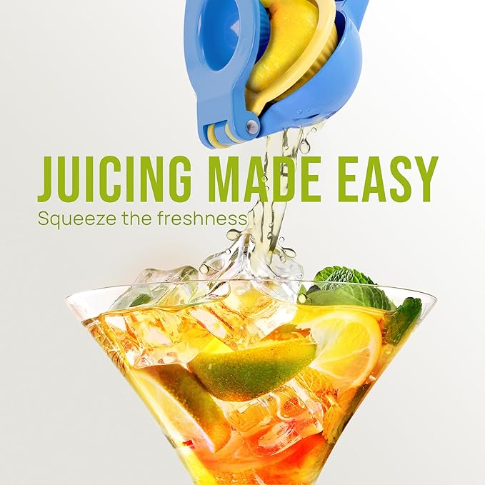 Zulay Kitchen Metal 2-in-1 Lemon Squeezer - Sturdy Max Extraction Hand Juicer Lemon Squeezer Gets Every Last Drop - Easy to Clean Manual Citrus Juicer - Easy-Use Lemon Juicer Squeezer - Blue/Yellow