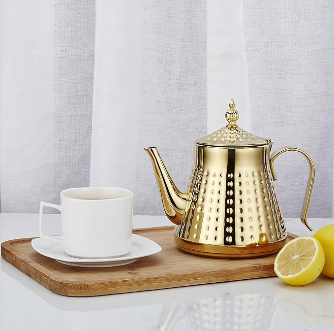 SANQIAHOME 1.2L(40oz) Stainless Steel Hammer Patterned Teapot With Removeable Infuser,Loose leaf cover,Gold