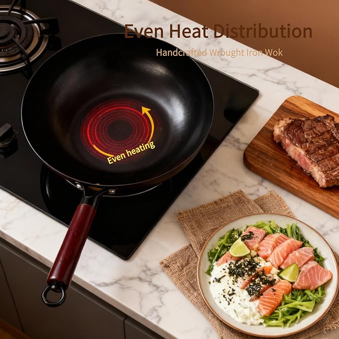 Uncoated Carbon Steel Wok with Wooden Handle (12 Inch) - Traditional Chinese Stir Fry Pan for High Heat Cooking, Non-Toxic, Easy Cleanup, Induction & Stovetop Compatible with Hanging Loop