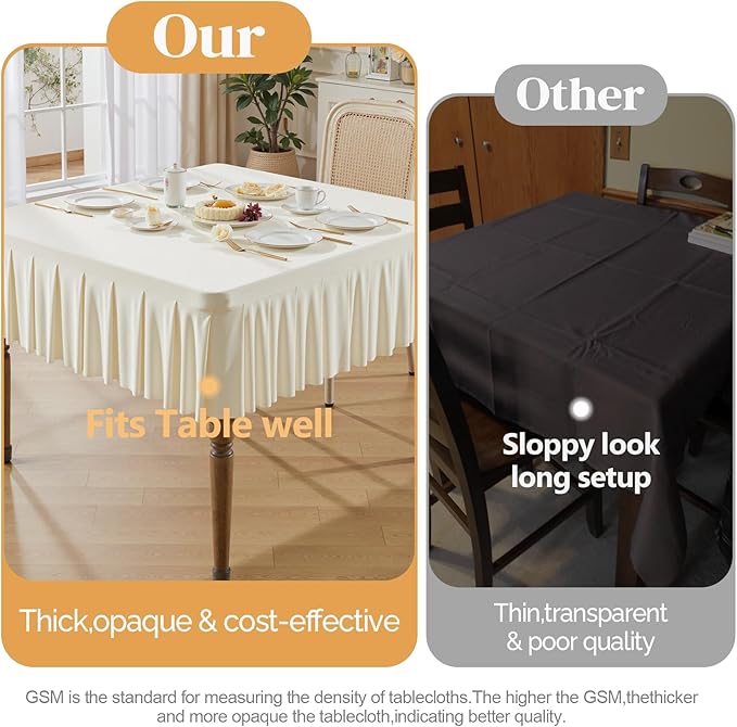 Wish Care Ivory Spandex Tablecloths for 48x48 Inch Square Tables, Stretch Fitted Table Clothes with Pleated Ruffle Skirt for 48” Table, Wrinkle Free and Elastic, for Party Kitchen Home Dining