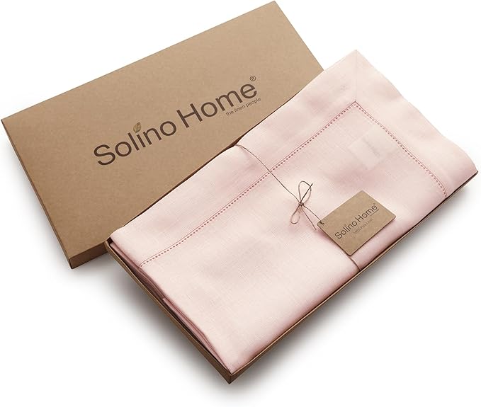 Solino Home Linen Tablecloth 60 x 144 Inch - Classic Hemstitch 100% Pure Linen Pink Table Cloth for Rectangle Tables - Machine Washable Tablecloth for Valentines, Spring, Easter