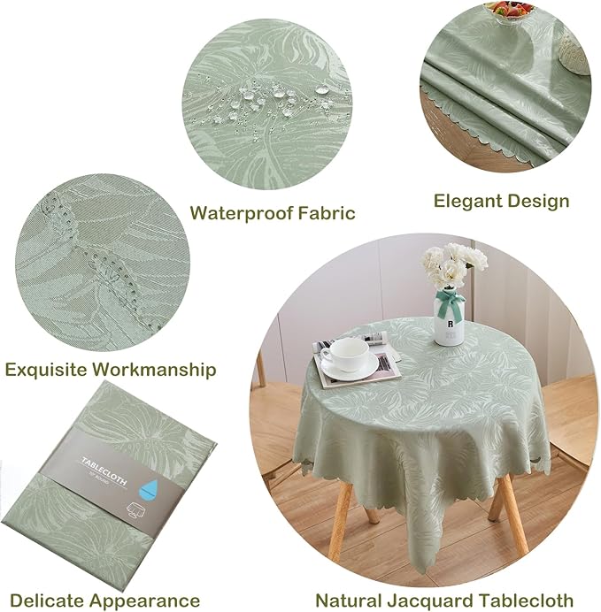 Square Tablecloth Green 36x36 Inch Leaves Pattern Scalloped Edge Waterproof Jacquard Nightstand End Table Cover for Coffee Teapoy Table Room Decor