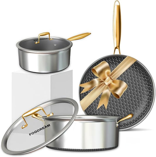 FogDream 5pcs Stainless Steel Cookware, Tri Ply Pots And Pans Set, Non Stick Frying Pans, Soup Pot & Sauce Pan With Tempered Glass Lids, Cool Handles, Dishwasher Safe, Induction Compatible, Gold