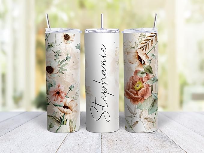 MRC Wood Products 20oz Skinny Tumbler Personalized Floral - Stainless Steel Double Wall Insulated Cup with Lid and Straw (Orange)