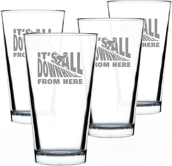 It's All Downhill From Here - Pint Glass for Beer - Unique Skiing Themed Decor and Gifts for Mountain Lovers - Set of 4-16 oz Glasses