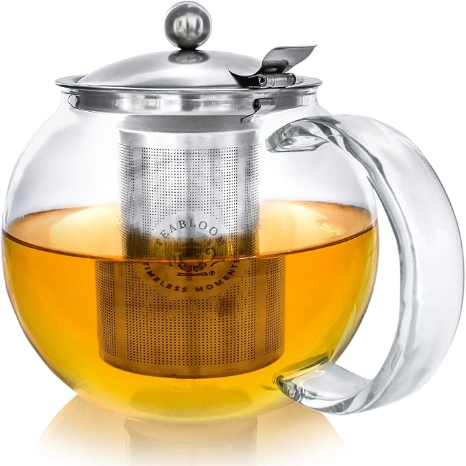 Teabloom Stovetop Safe Glass Teapot with Removable Infuser (40oz/1200ml) and Four Double Walled Glass Cups (5oz/150ml) - Classica Tea Set