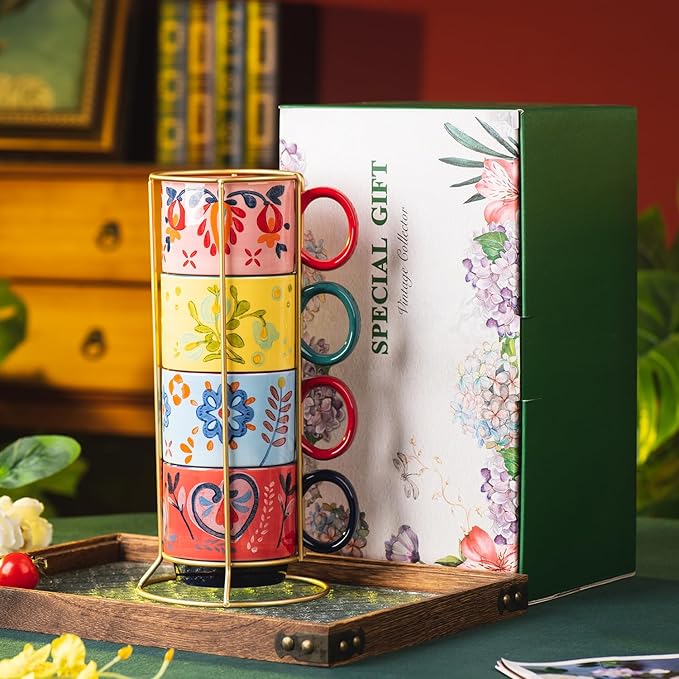 Floral Stackable Ceramic Coffee Mugs - Set of 4 with Stand, 12.5 oz Multi-Color Porcelain Cups for Latte, Cappuccino, Tea, Hot Cocoa - Dishwasher & Microwave Safe (Pastoral)