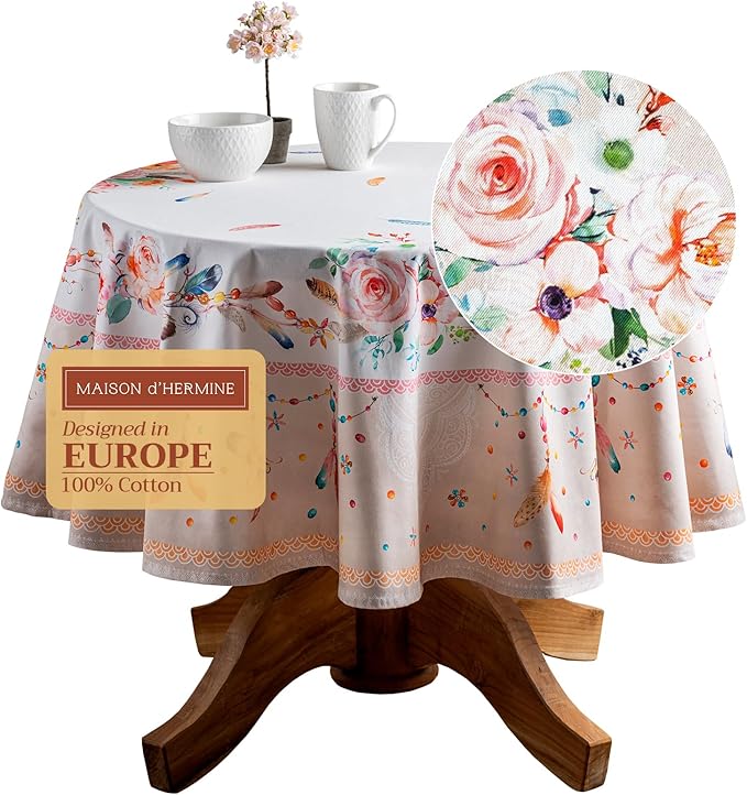 Maison d' Hermine Table Cloth Round Table 100% Cotton 69 Round Inches Tablecloth Reusable Decorative for Dining Room Farmhouse Home Valentines Day Decorations Spring Summer - Ibiza - Beige
