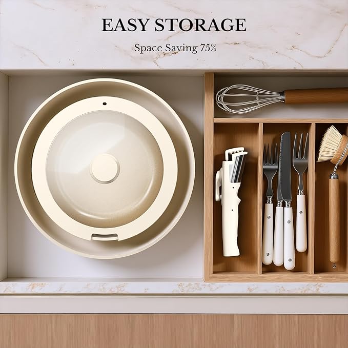 Pots and Pans Set Non Stick, Ceramic Cookware Set Detachable Handle, RV Camping Kitchen Cooking Set Removable Handles, Dishwasher/Oven/Fridge Safe, Induction, Space Saving，Cream White