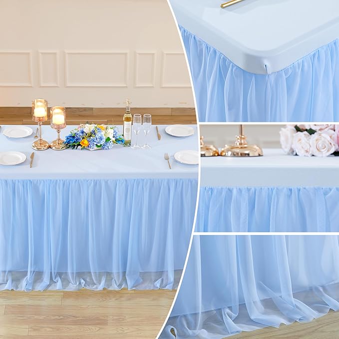 6 Pack 8ft Baby Blue Tulle Tablecloths for Rectangle Tables, 8 Foot Rectangular Table Cloth Wrinkle Free Table Cover with Tutu Skirt for Baby Shower Boy Birthday Party Banquet Buffet Cake