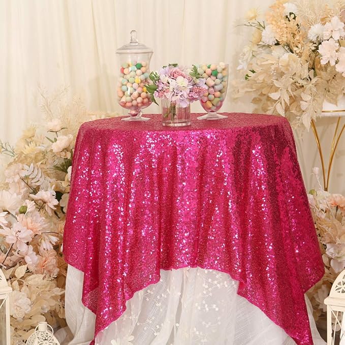 Eternal Beauty Hot Pink Tablecloth, 50x50 Inch Sequin Square Table Cover for Valentines Cake Dessert Exhibition Party Birthday Events