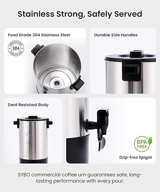 SYBO 6L Commercial Coffee Maker, Stainless Steel Coffee Urn With Cool-Touch Handles, Electric Coffee Pot Hot Beverage Dispenser, Quick-Brewing Coffee Urn, For Events,Party & Catering - 45 Cup