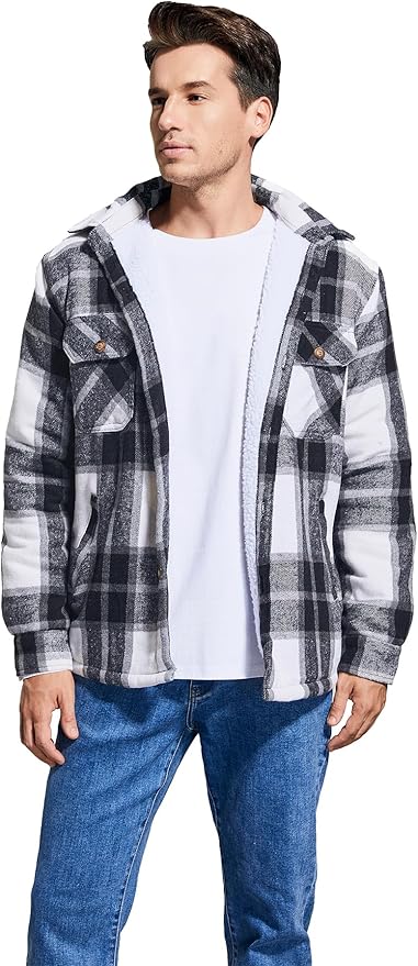 Men's Cotton Sherpa Lined Button Down Flannel Shirt Jacket Plaid Soft Outdoor Flannel Jacket Shirt