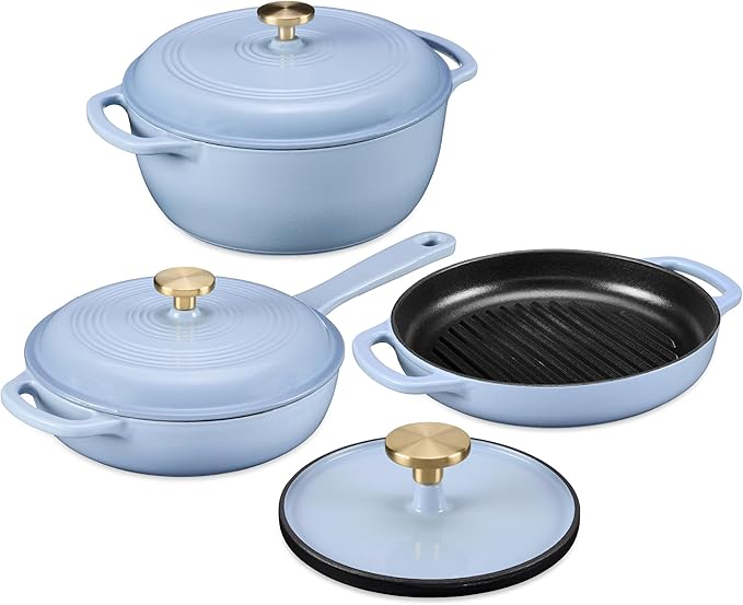 Best Choice Products Non-Stick Pot & Pan Cookware Set, Cast Iron, 2Qt Skillet W/Lid, 10" Grill Or Griddle Pan W/Press, 6Qt Enameled Dutch Oven, Non-toxic, For Cooking & Grilling - Cornflower