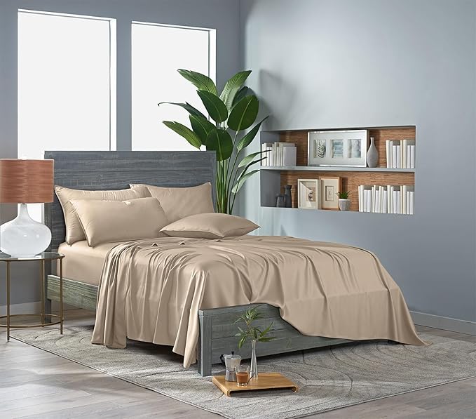 Pure Bamboo Full Sheets, Genuine 100% Organic Viscose Derived from Bamboo Bed Sheet Set, Luxuriously Soft & Cooling, Double Stitching, 2 Year Quality Promise (Full, Almond)