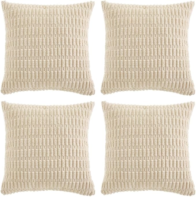 Fancy Homi 4 Packs Boho Cream Decorative Throw Pillow Covers 22x22 Inch for Living Room Couch Bed Sofa, Rustic Modern Farmhouse Home Decor, Soft Plush Corduroy Beige Cute Square Cushion Case 55x55 cm