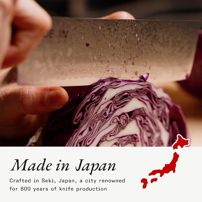 Made In Cookware - 3-piece Japanese Damascus Steel Knife Set (Includes Gyuto, Nakiri and Santoku) - 66 Layers of Damascus Steel with a VG-10 Core - Crafted in Japan - Full Tang With Black POM Handle